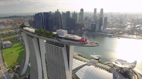 Aerial drone shot of Singapore City Skyline at Marina Bay Singapore - 2017