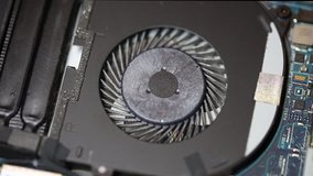 CPU cooler rotating on disassembled laptop. PC service, repair and maintenance.Close-up