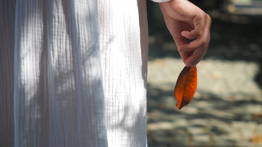 Autumn concept: young girl walking forest trail with orange autumn leaf in hand. Autumnal scene, people in nature concept. 