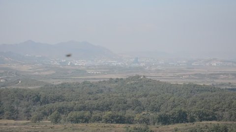 SOUTHH KOREA, DMZ - OCTOBER 14: North-Korean landscape at 14 October, 2018 in DMZ. The border at DMZ between the two Koreas are closed since the end of the Korean war.