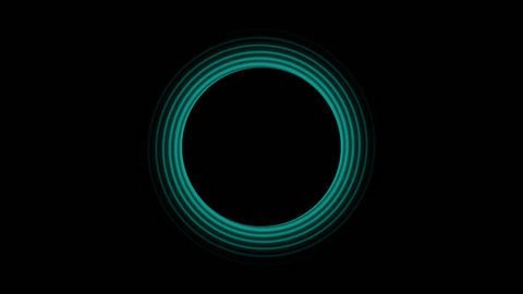 Glowing teal green rings spiral fading from a black center circle with a black background in a CGI high definition motion video clip
