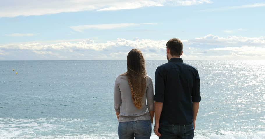 Back view of a couple hugging contemplating ocean on the beach