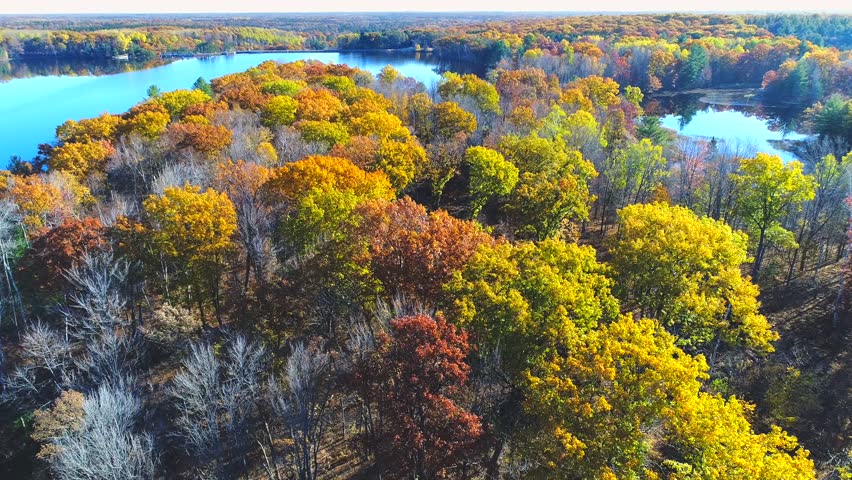 Autumn in Northern Wisconsin, scenic drone view of amazing colorful forests along the Peshtigo River.
