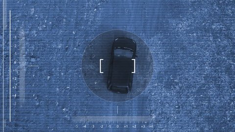 Aerial view of black car on dirt road through countryside, top view of off-road driving vehicle, animated HUD mockup as seen from police surveillance drone pov