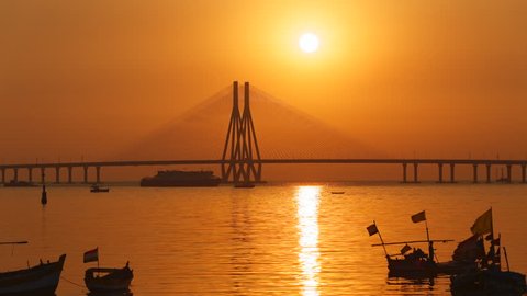 4k Time lapse footage  of Bandra Worli sea link also known as Rajiv Gandhi Sea link, after Sunset, Mumbai, India.