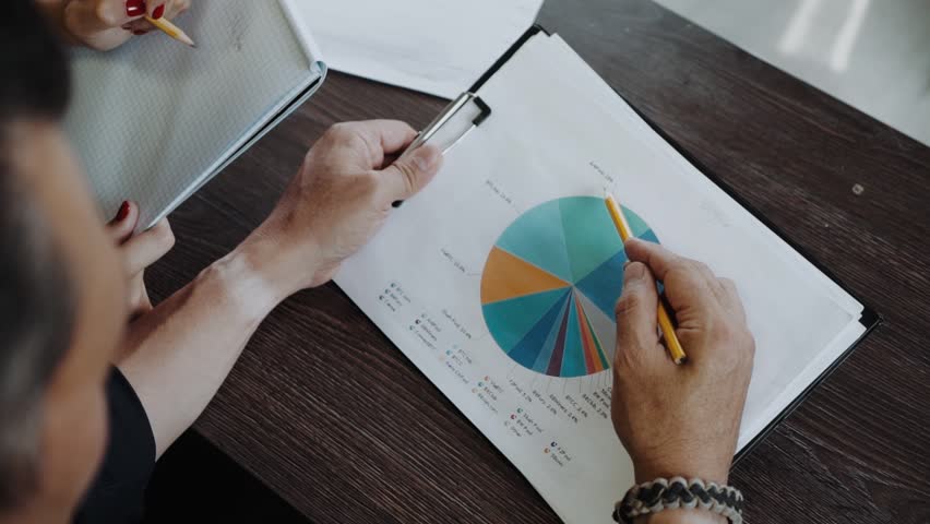 Close up of a pie chart and hands. International team working on statistical data. Data analysis in a teamwork. Royalty-Free Stock Footage #1019346424