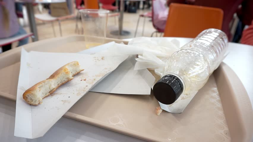 Pizza crust on a tray in a cafe shopping center. Scraps of food, plastic trash