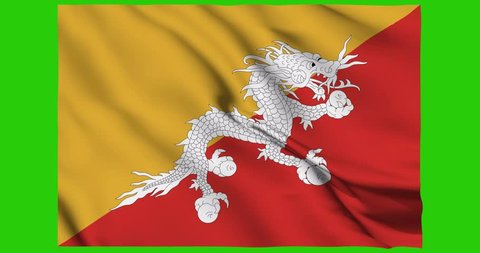 Flag of Bhutan waving on a loopable 4K animation on a croma key