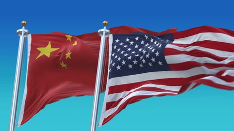 4k Seamless United States of America and China Flags with blue sky background,A fully digital rendering,The flag 3D animation loops at 20 seconds,USA CN. 