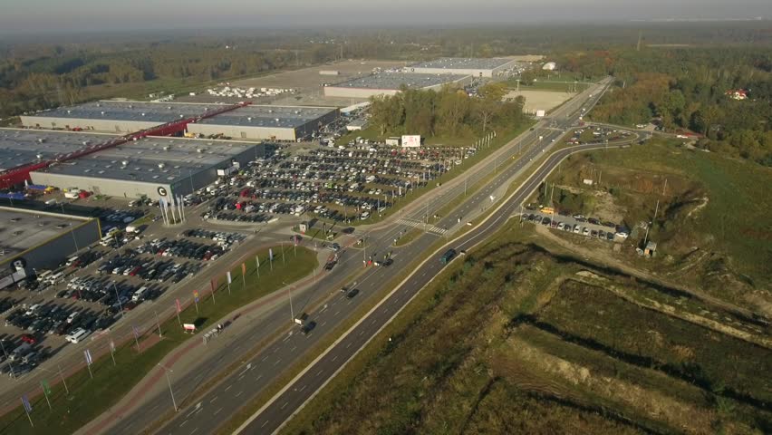 4K. Aerial view of the Exhibition halls. location, Poland near Warsaw.