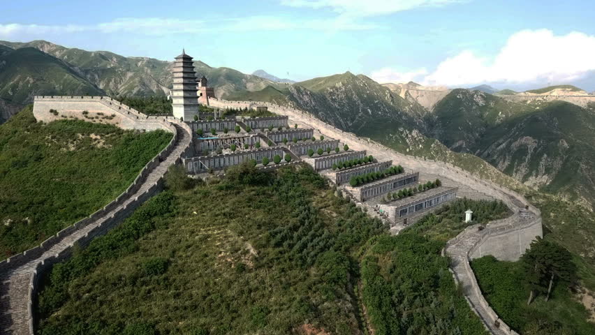 Aerial view of the Yanmenguan Great Wall and green mountain, Shanxi, China