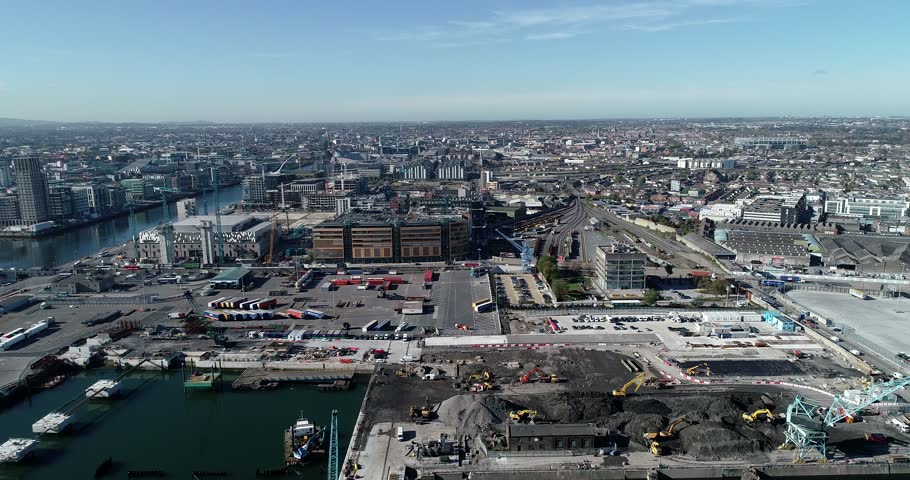 Drone shot in Dublin port looking at Dublin city on a bright sunny day. 