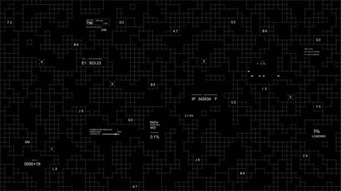 Grid with HUD code text elements.Technological pattern.Good for tech video overlay.As HUD infographic material texture for 3D models animation.Black and white for Alpha channel.