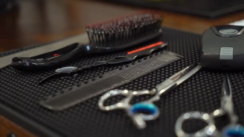 Professional barber shop tools. Comb, scissors for hairstylist