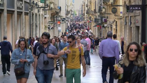 8 May 2018, Bordeaux, France  People shopping in the main shopping street (Rue Sainte Catherine) in the center of Bordeaux, France, May 8 2018