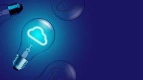 Cloud icon symbol Incandescent light bulb beating switch on set Connection concept glow in blue gradient background seamless looping animation 4K, with copy space