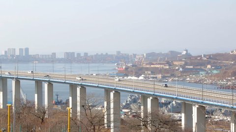 The bridge from Cape Churkin to Russky Island through the Bosphorus Eastern in the Far East city of Vladivostok.