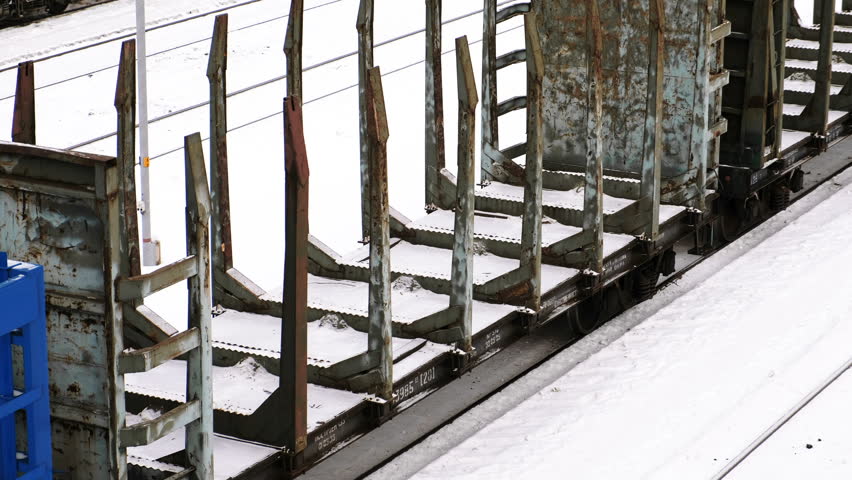 Freight railway carriage for transportation of logs. Side view.
