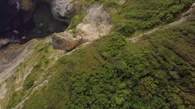 Aerial top view of cliff next to the sea