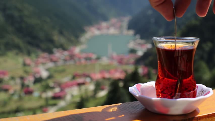 Turkish tea and view of Long Lake(Uzungol) at the background/Trabzon-TURKEY Royalty-Free Stock Footage #1019422360