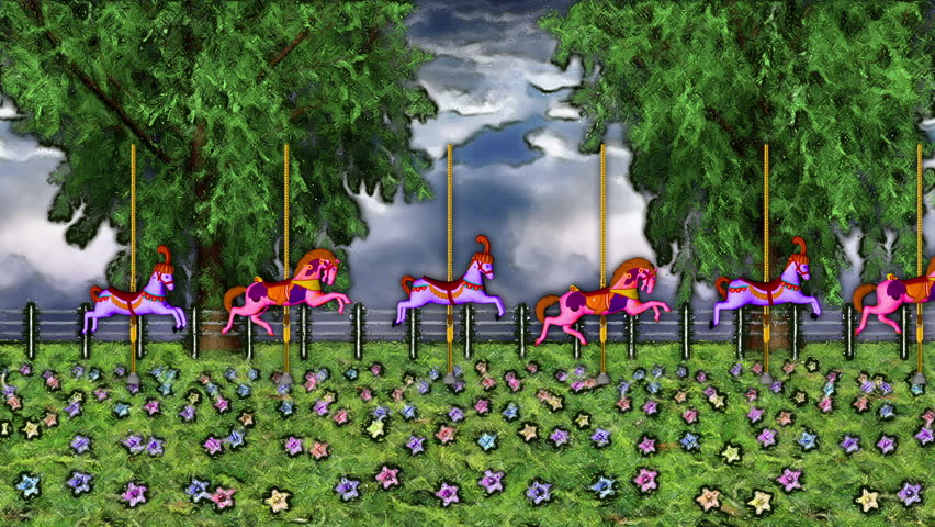Stylised Mary Poppins scene with flowers and pink and purple carousel horses with moving clouds in blue sky