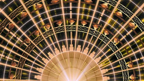 Art deco style style fanning pattern with light beams, intricate curve structures and flashing particle lights Stockvideo