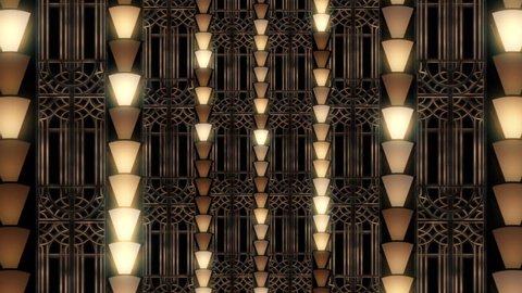 Vertical lines of art deco style fan lights flashing with ornate deco fretwork ஸ்டாக் வீடியோ