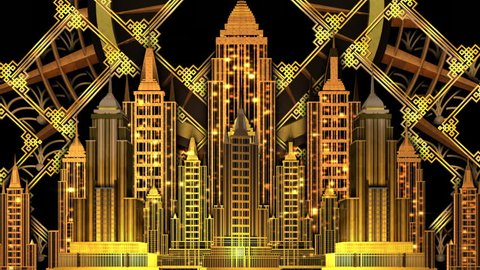Abstract art deco gold and black New York scene with turning sun and warm sparkling lights 스톡 비디오
