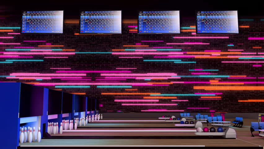Bowling alley scene from side view with pins, lanes, bowling balls with scores at the top and pink, orange and blue horizontal lines on the brick wall | Shutterstock HD Video #1019427442