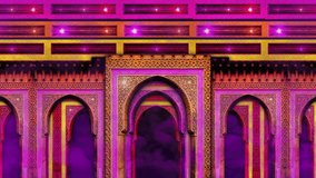 Colourful pink, purple, orange and yellow temple entrance with archways, purple sky and flashing lights - Powered by Shutterstock - Get 15% off with code: PIKWIZARD15
