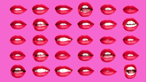 Time lapse sequence of woman's full red lips talking and moving against pink background
