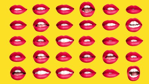 Time lapse sequence of woman's full red lips talking and moving against yellow background
