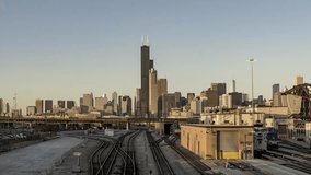Time Lapse of a Rail Yard in Chicago at Sunset in 4K (zoom in)