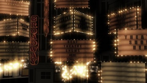 Light up broadway theatre signs with twinkling round lights on the frames in vintage colours on a dark background