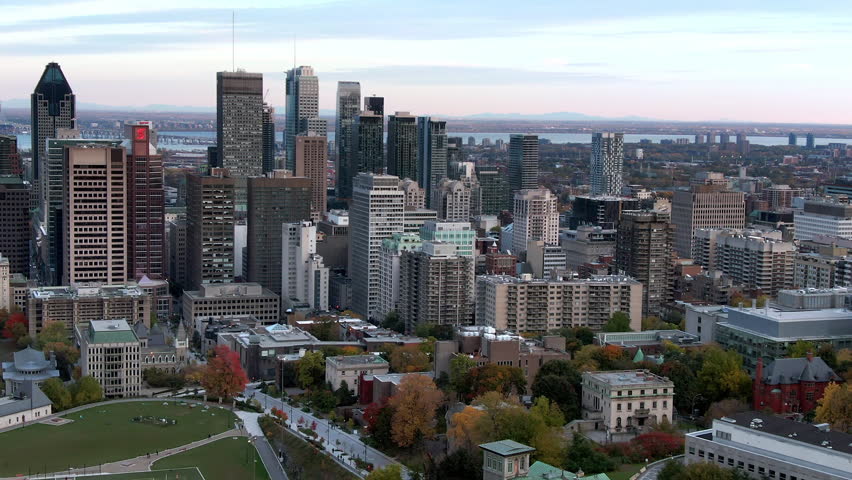 Montreal, Quebec, Canada, aerial view of Downtown buildings at sunset in Autumn season.