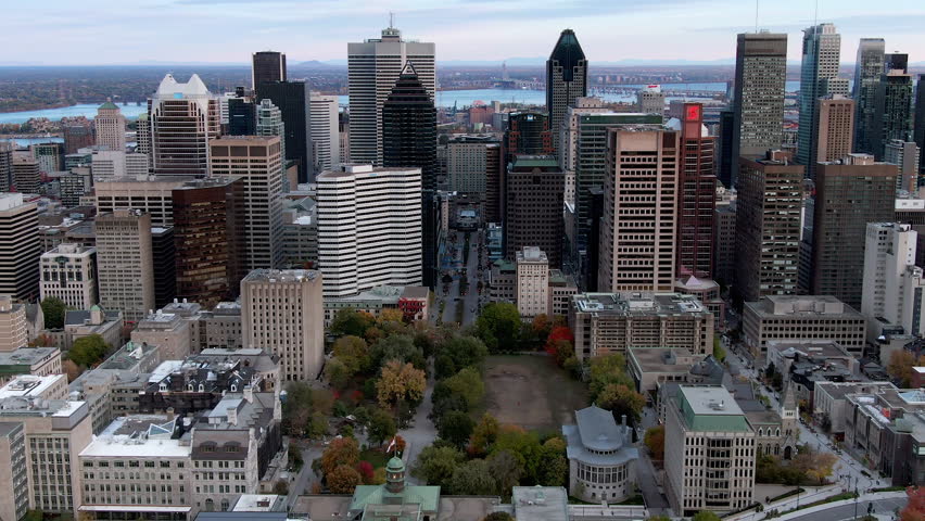 Montreal, Quebec, Canada, aerial view of Downtown buildings at sunset in Autumn season.