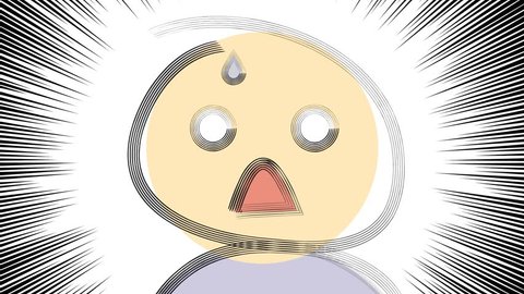 Shocked abstract person with drop of sweat and widely opened eyes and mouth, cartoon animation in emoji anime style