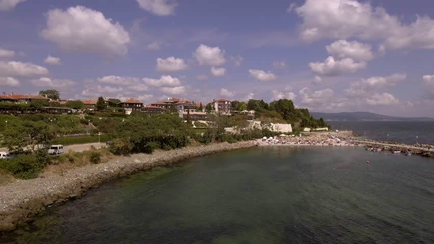 Aerial view of the public beach in ancient city of Nessebar, Bulgaria.