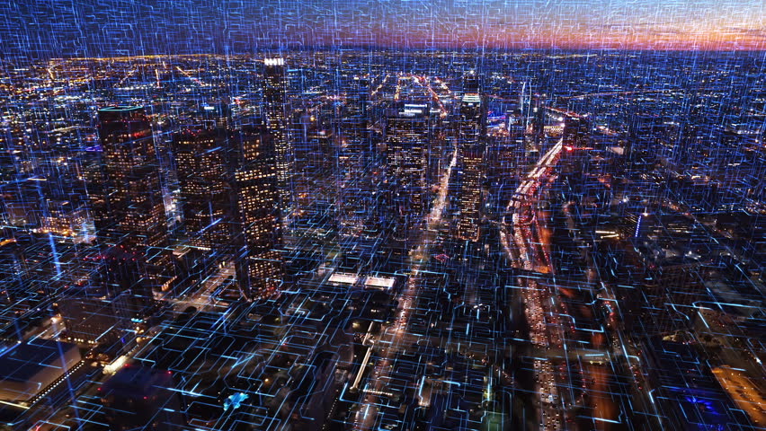 
Connected aerial view of the Financial District in Downtown Los Angeles, California. Internet of things. Circuit boards. Famous skyscrapers and freeway full of cars. Futuristic. Technology. | Shutterstock HD Video #1019445082