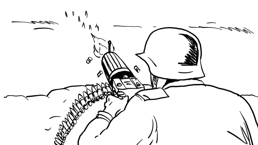 2d Animation motion graphics showing a drawing of a World War two German soldier firing a machine gun viewed from rear on white and green screen with alpha matte in HD high definition.