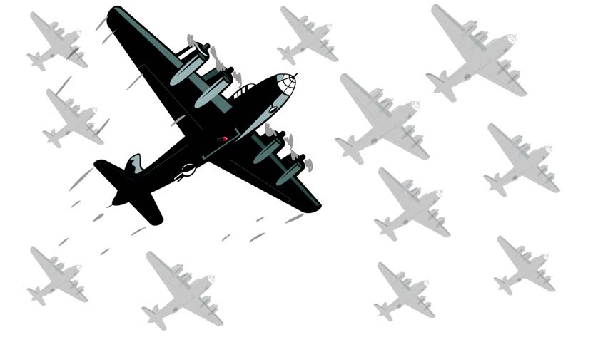 2d Animation motion graphics showing a fleet of World War two American bomber airplane dropping bombs on white screen and green screen in HD high definition done retro style.