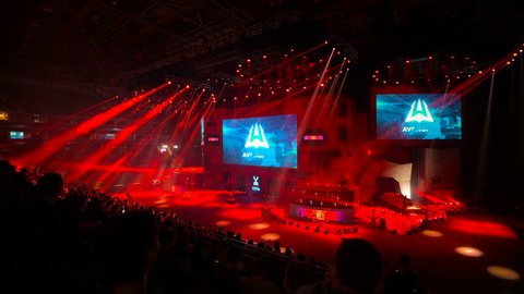 MOSCOW, RUSSIA - OCTOBER 27 2018: EPICENTER Counter Strike: Global Offensive esports event. Main stage, lightning, illumination, big screen on the opening ceremony.