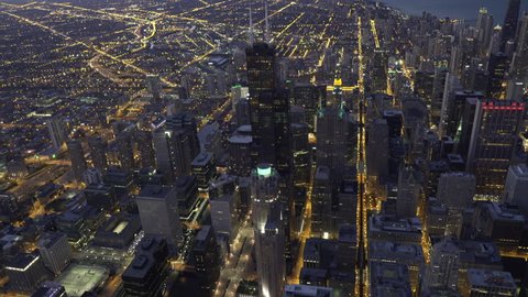Chicago Circa-2015, wide angle aerial view orbiting the Chicago loop with Willis tower in centre focus at dusk