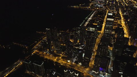 Chicago Circa-2015: Aerial view of Navy Pier at night with Lake Michigan in the background