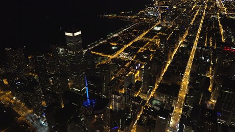 Chicago Circa-2015, aerial view looking down over the Chicago River and Magnificent Mile at night