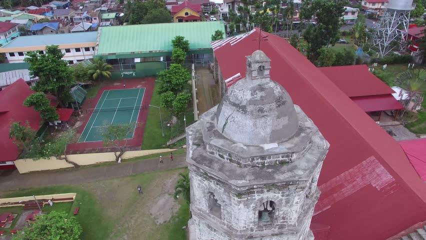 Magdalena, Laguna, Philippines November 15, 2018: Drone aerial view of Santa Maria Magdalena Parish Church (also Saint Mary Magdalene Parish Church) is a Roman Catholic church built in 1820