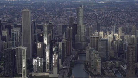 Chicago Circa-2015, aerial view of Trump International Hotel & Tower, center focused moving along the waterfront looking down the Chicago River at sunrise