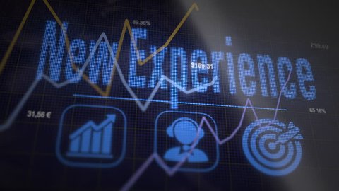 A New Experience business concept on a flashing computer monitor with moving graphs and data.