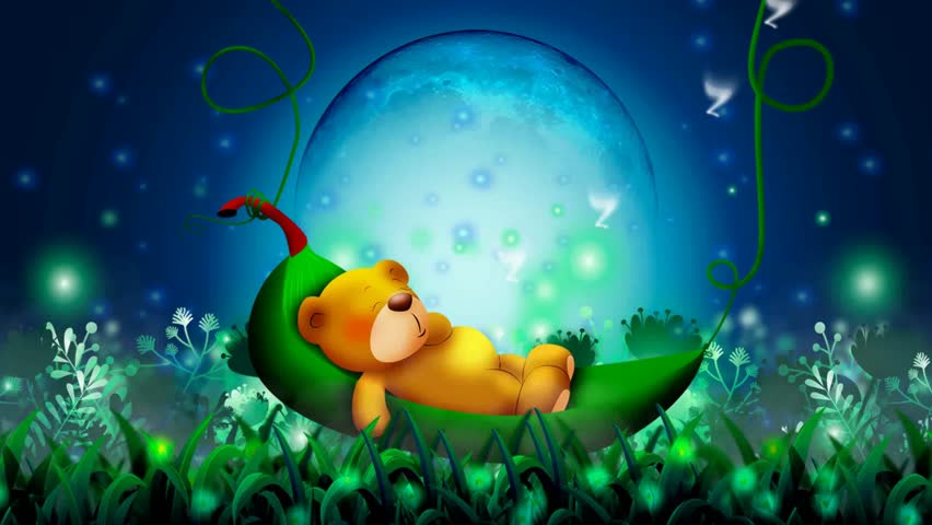 Cute bear cartoon sleeping on leaves cradle, best loop video background for lullabies to put a baby go to sleep and calming, relaxing Royalty-Free Stock Footage #1019477986