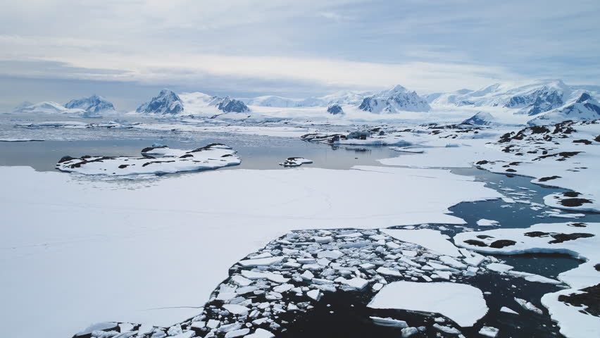 Aerial Flight Over Antarctica Snow Shoreline And Ocean. Drone Overview Of Polar Surface, Ice Frozen Ocean. 